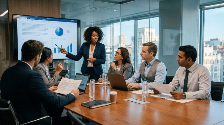 Business meeting with a woman presenting charts on screen to four colleagues