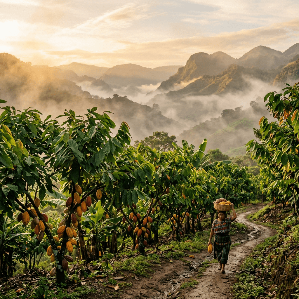 A woman carrying a basket of cacao pods on her head walking on a dirt path through a cacao farm in mountainous terrain