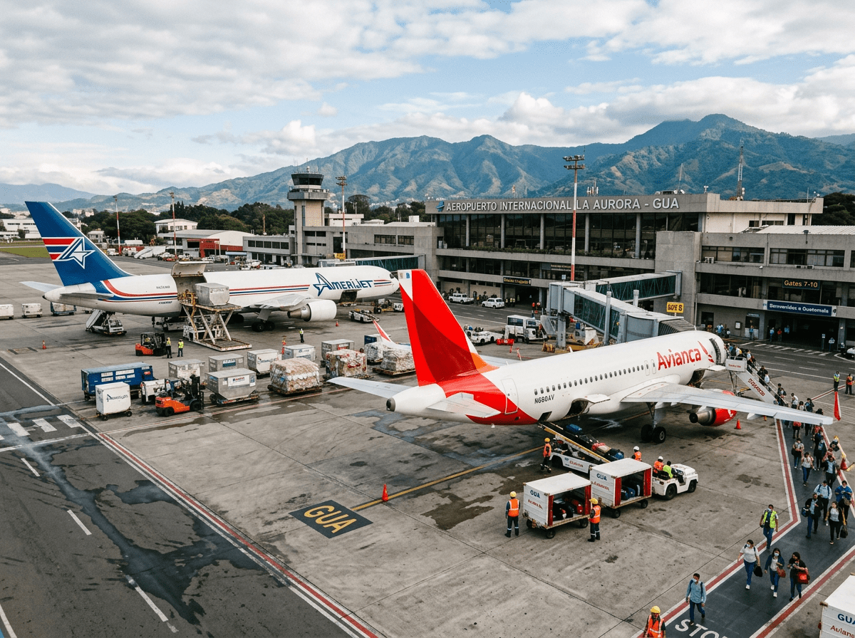 Avianca passenger plane at gate with passengers boarding and Amerijet cargo plane on apron at La Aurora International Airport