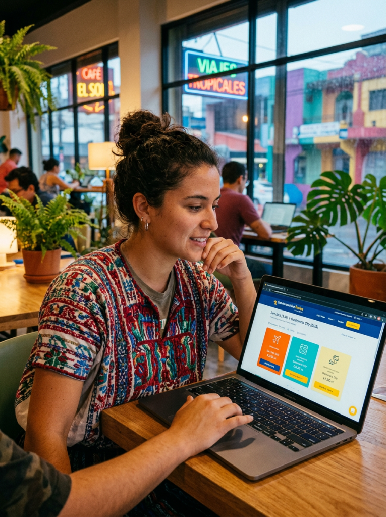 Woman viewing travel booking website on a laptop in a cafe
