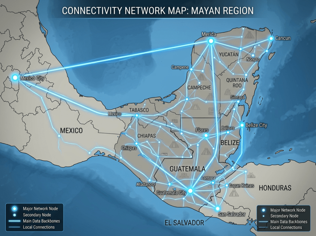 Connectivity network map Mayan region countries