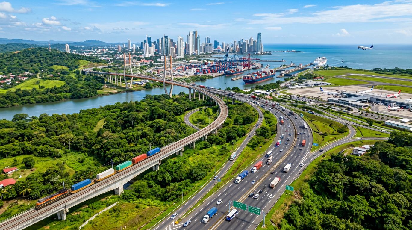 Aerial view of Panama City showing bridges, highways, a train, port with container ships, airport runway, and city skyline
