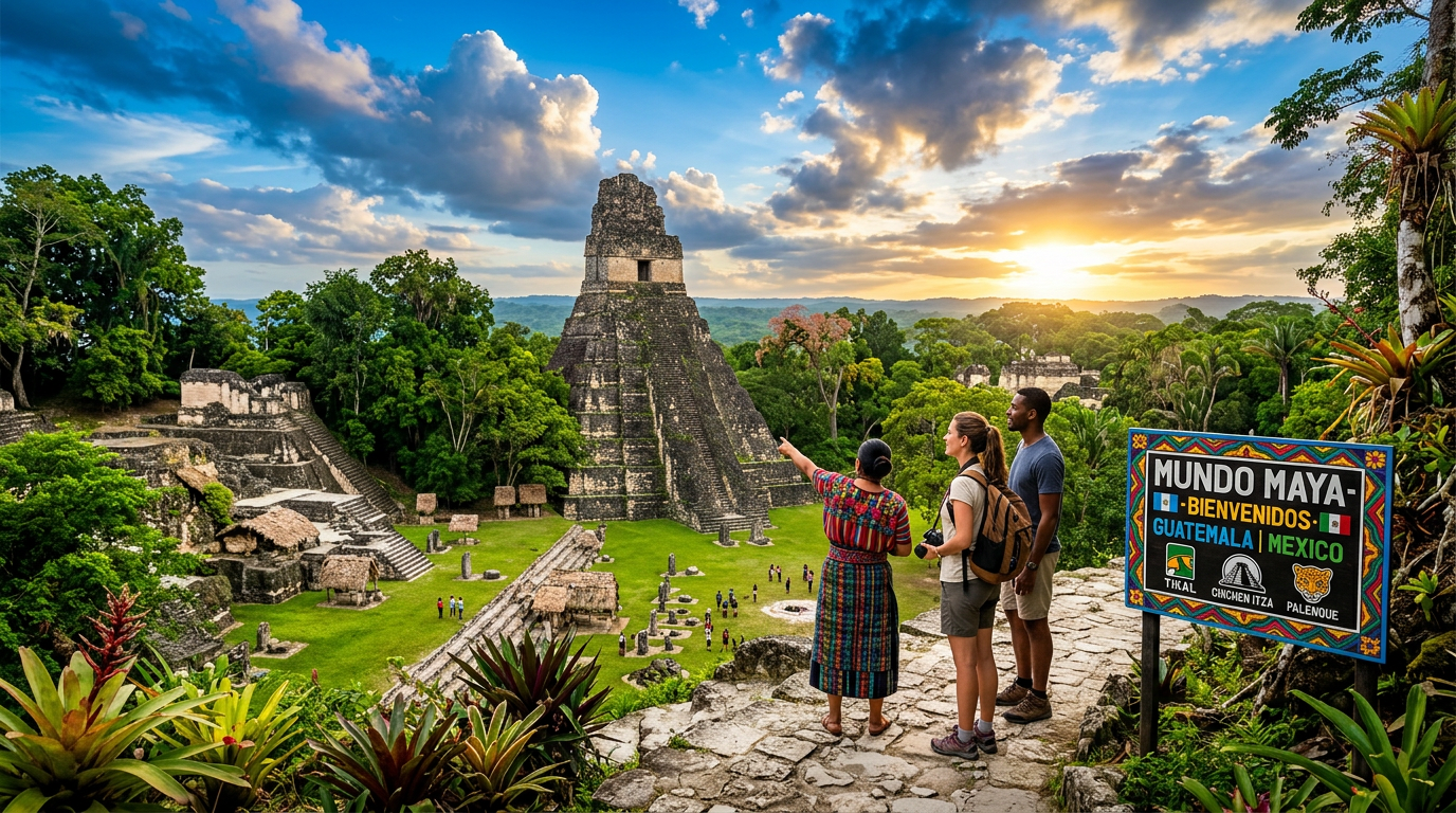 Ancient Maya pyramid and ruins with visitors and guide at sunset