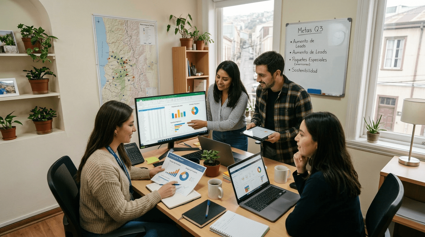 Four coworkers analyzing charts and data on laptops, papers, and a monitor