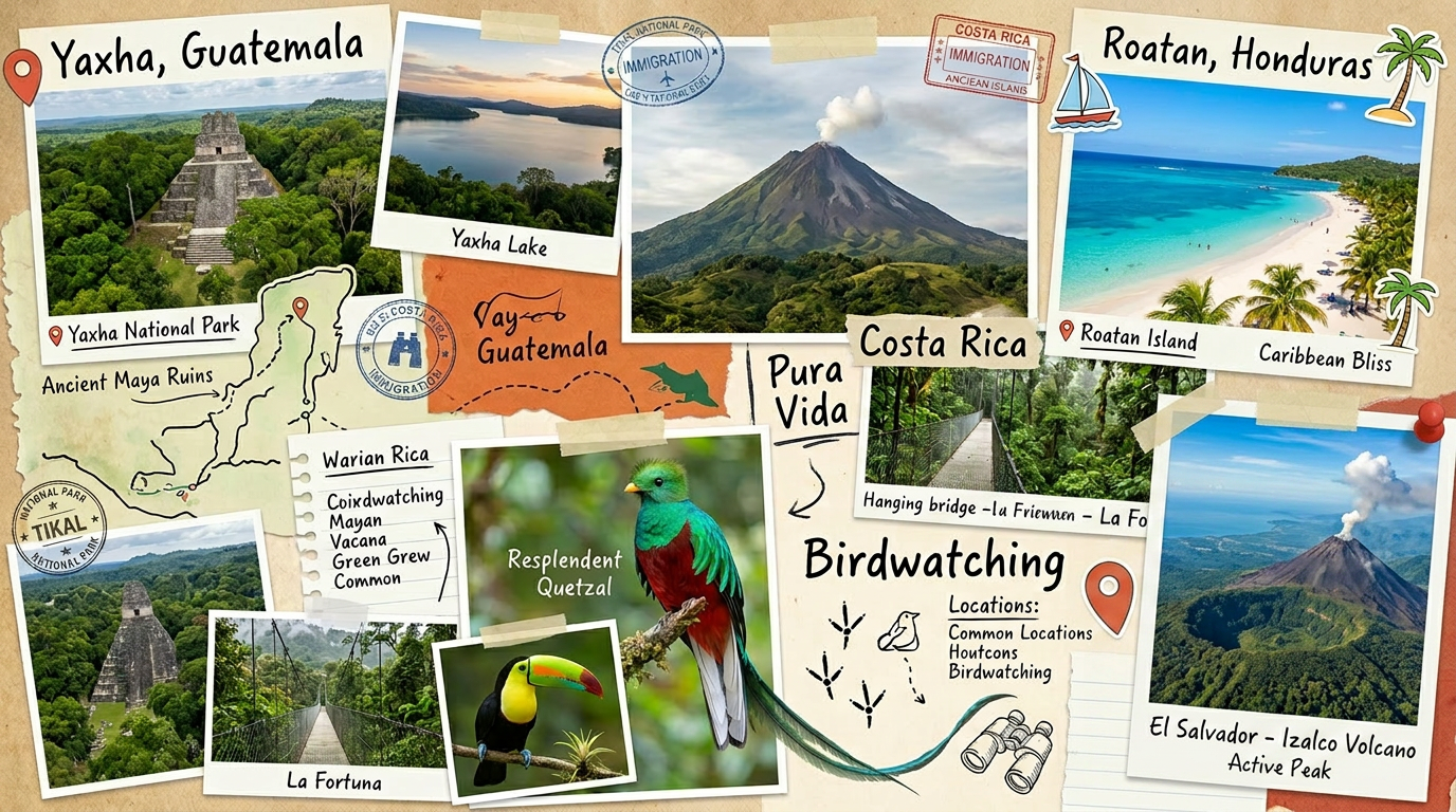 Collage of photos and notes showing Yaxha Guatemala ruins, lakes, Costa Rica volcano, La Fortuna hanging bridge, Roatan beach, and various tropical birds
