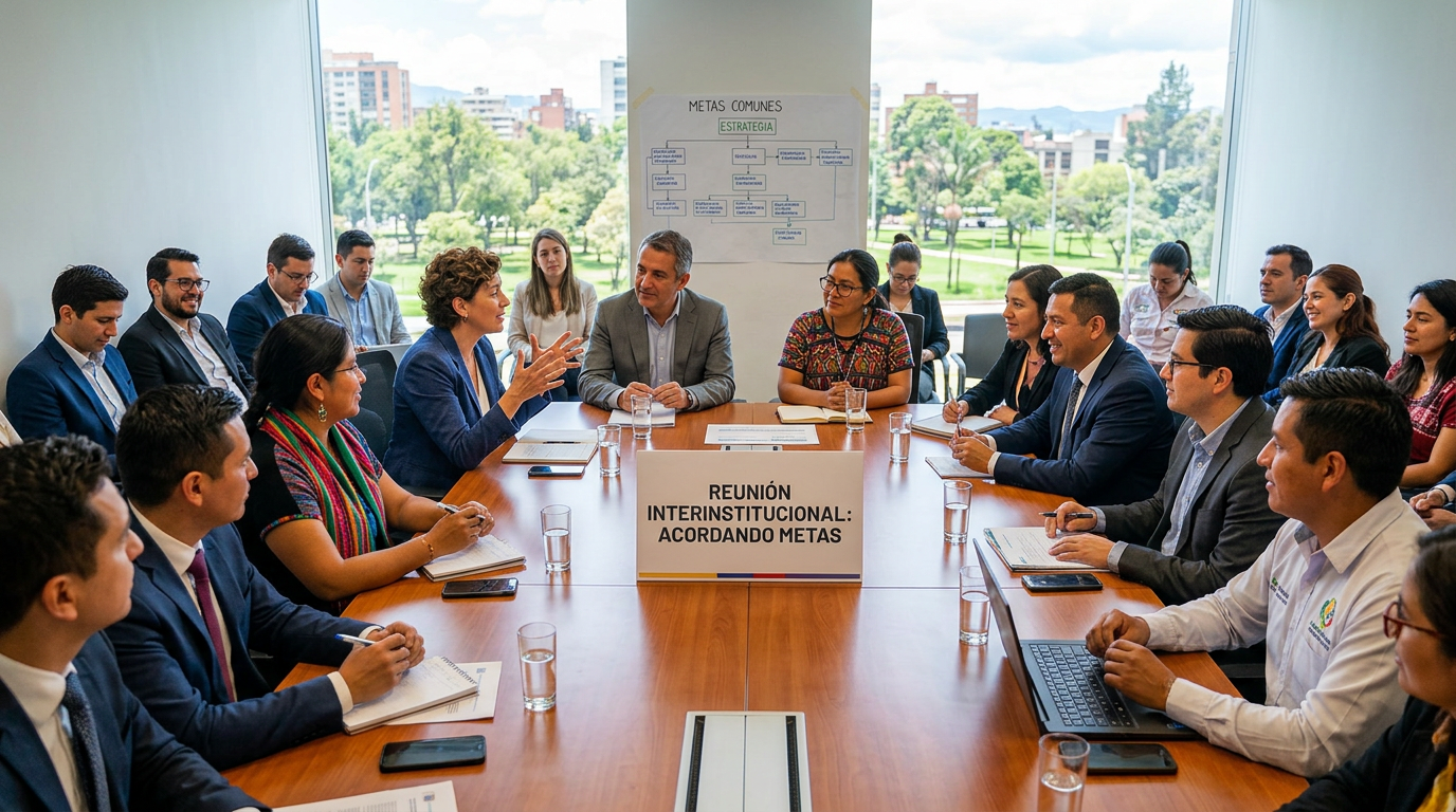 People seated around a table in a meeting titled Reunión Interinstitucional: Acordando Metas