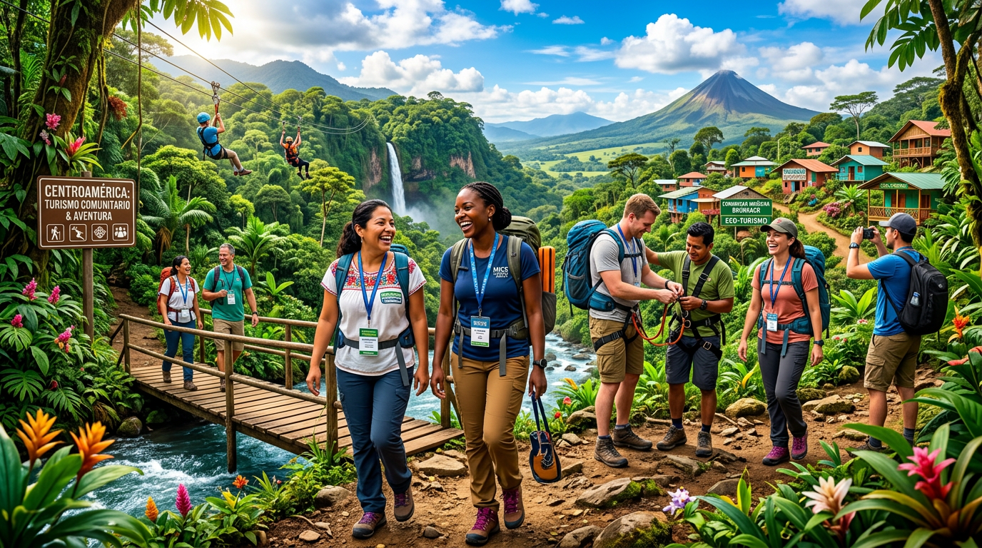 Group of hikers and zipliners in Central America rainforest near waterfall and volcano