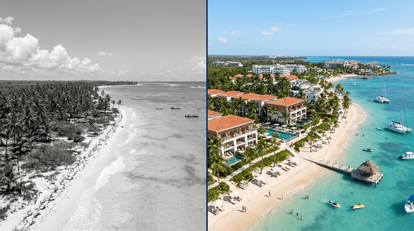 Side-by-side aerial views of Punta Cana beach showing undeveloped land with palm trees and small boats before, and a developed resort with buildings, pools, and boats after