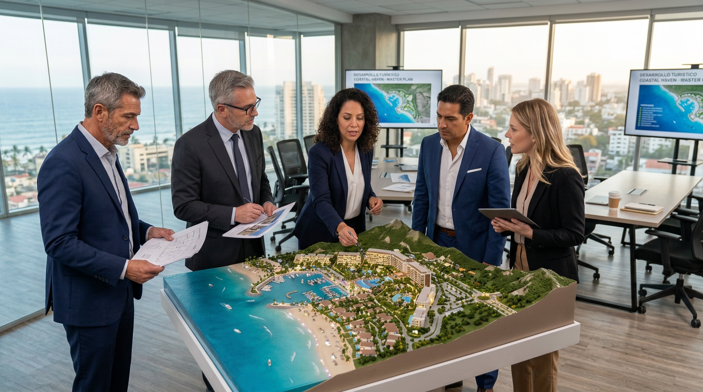 Four professionals reviewing a scale model of a coastal tourism development project