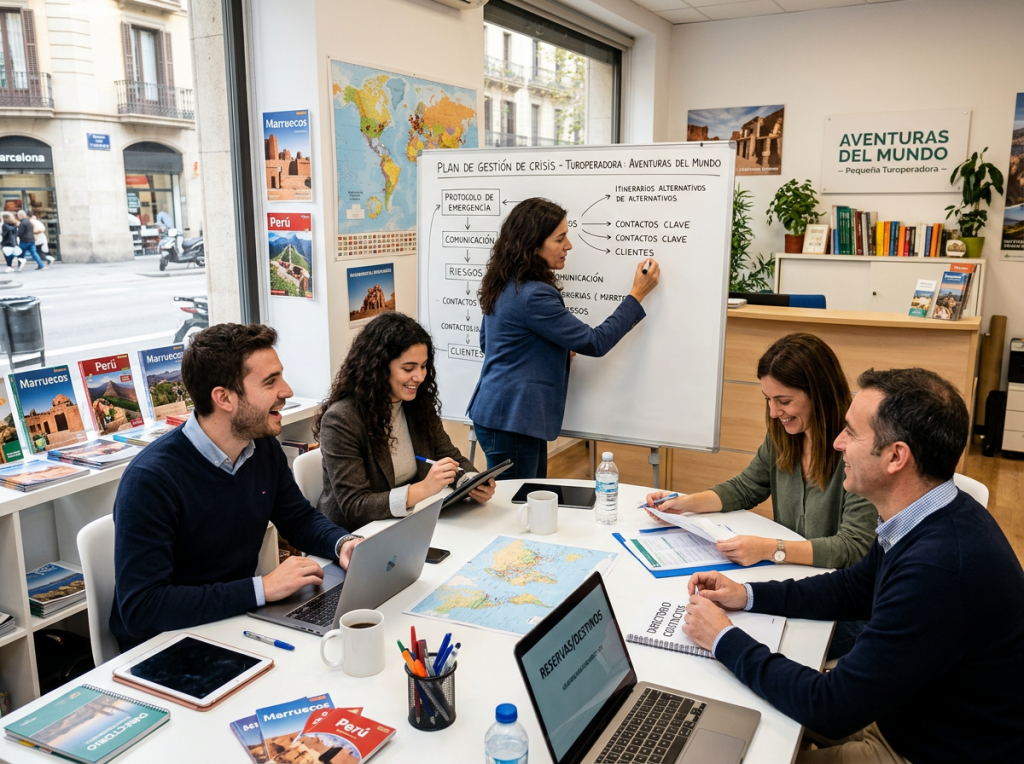 Team planning crisis management with whiteboard at travel agency