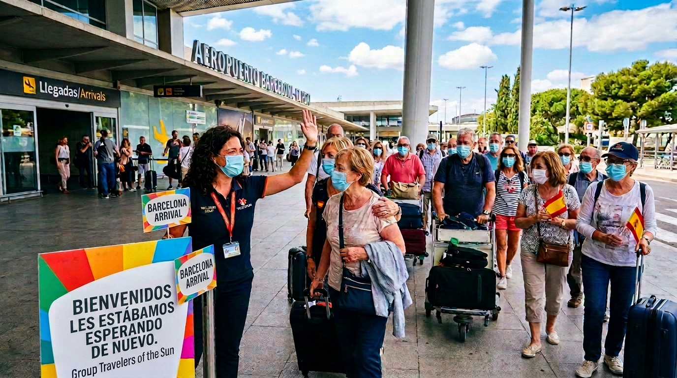 Welcome back greeting at Barcelona Airport arrivals for traveling group after COVID shutdown
