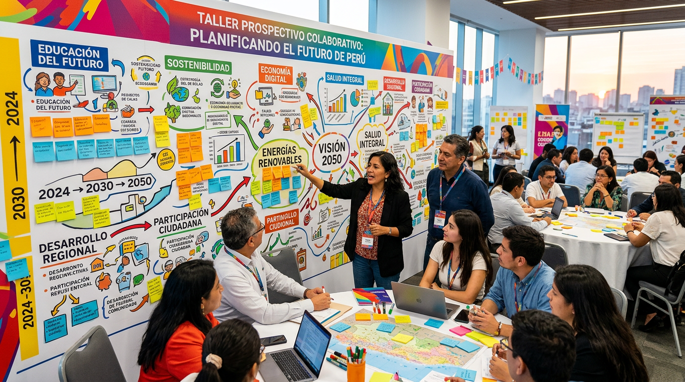 Participants collaborate in a workshop beside a Spanish strategic planning wall