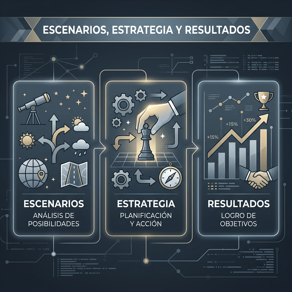 ESCENARIOS, ESTRATEGIA Y RESULTADOS; ESCENARIOS: ANÁLISIS DE POSIBILIDADES; ESTRATEGIA: PLANIFICACIÓN Y ACCIÓN; RESULTADOS: LOGRO DE OBJETIVOS